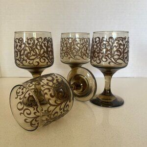 Set Of 4 Libbey Prado Mid Century Scroll Design Wine Glasses